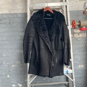 Black Shearling Coat with Fur Collar